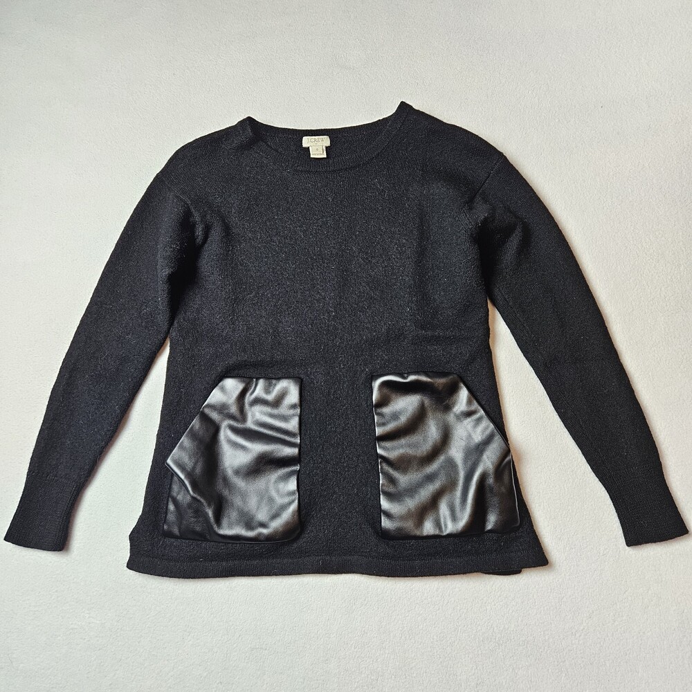 J Crew Sweater Womens Sz M Merino Wool Crewneck Black Faux Leather Pockets